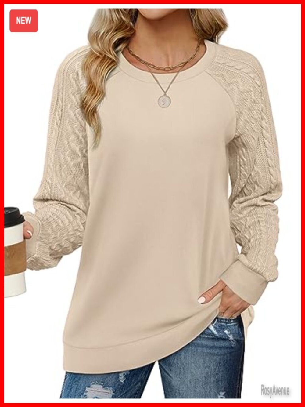Saloogoe Cable Knit Sleeve Sweatshirt Womens Crewneck Pullover Maternity Sweater